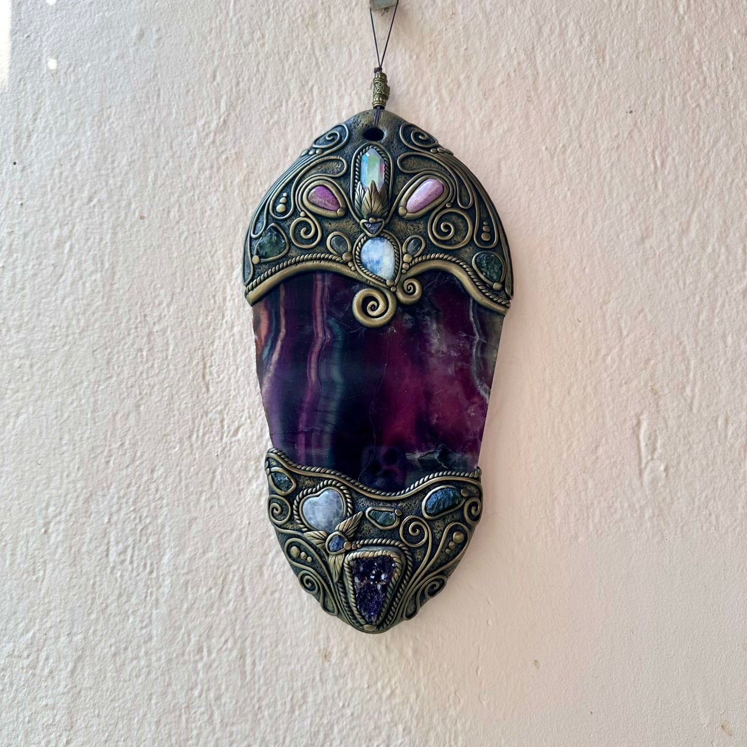 Crystal Wall Hanging, Handmade one of a kind Crystal Wall Decor, Rainbow Fluorite Angel Aura Quartz Stichtite Moonstone Moldavite Amethyst Cluster Rose Quartz Heart and Tanzanite