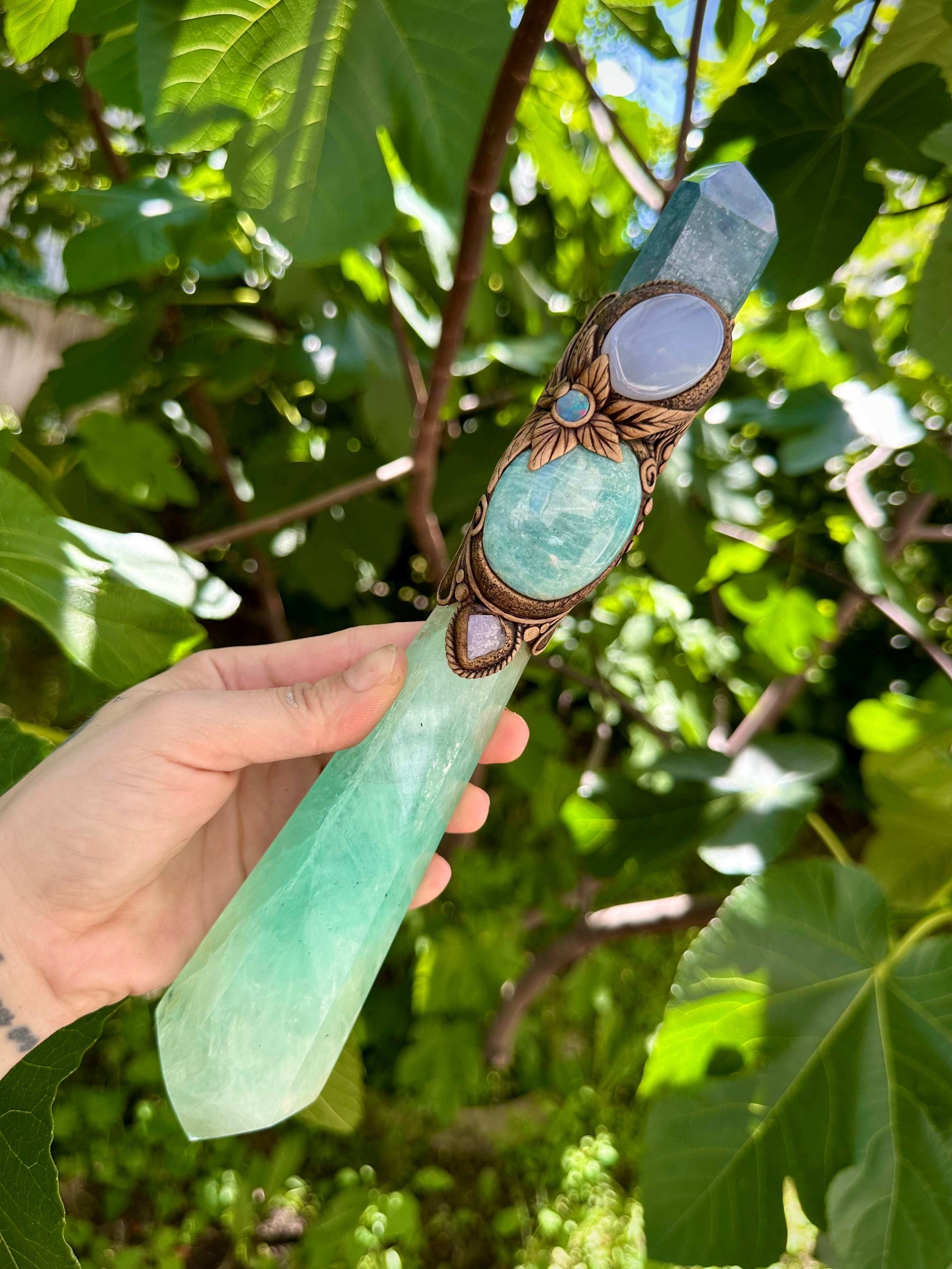 Crystal Wand - Green Fluorite, Aqua Aura Quartz, Amazonite, Blue Chalcedony, Tanzanite and Australian Opal Doublet - FairyGardenGlow