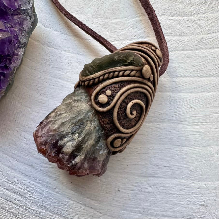 Super Seven Quartz and Moldavite Pendant Necklace, Handmade Crystal Jewelry - FairyGardenGlow