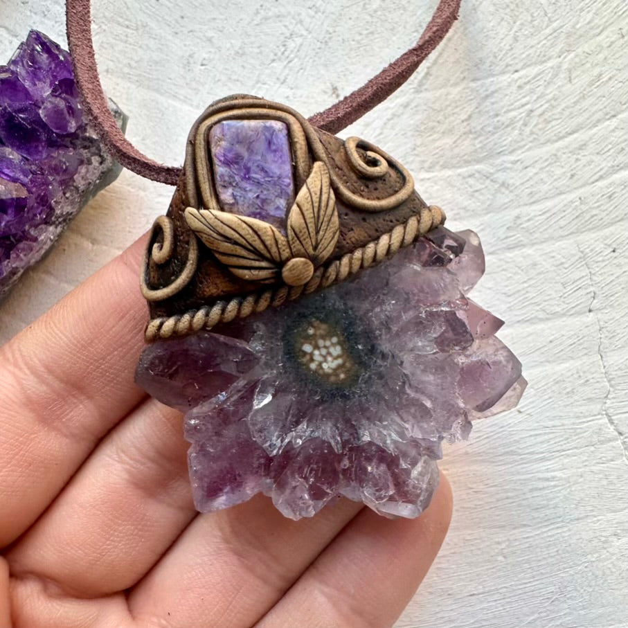 Amethyst Stalactite and Charoite Necklace, Healing Crystal Jewelry - FairyGardenGlow