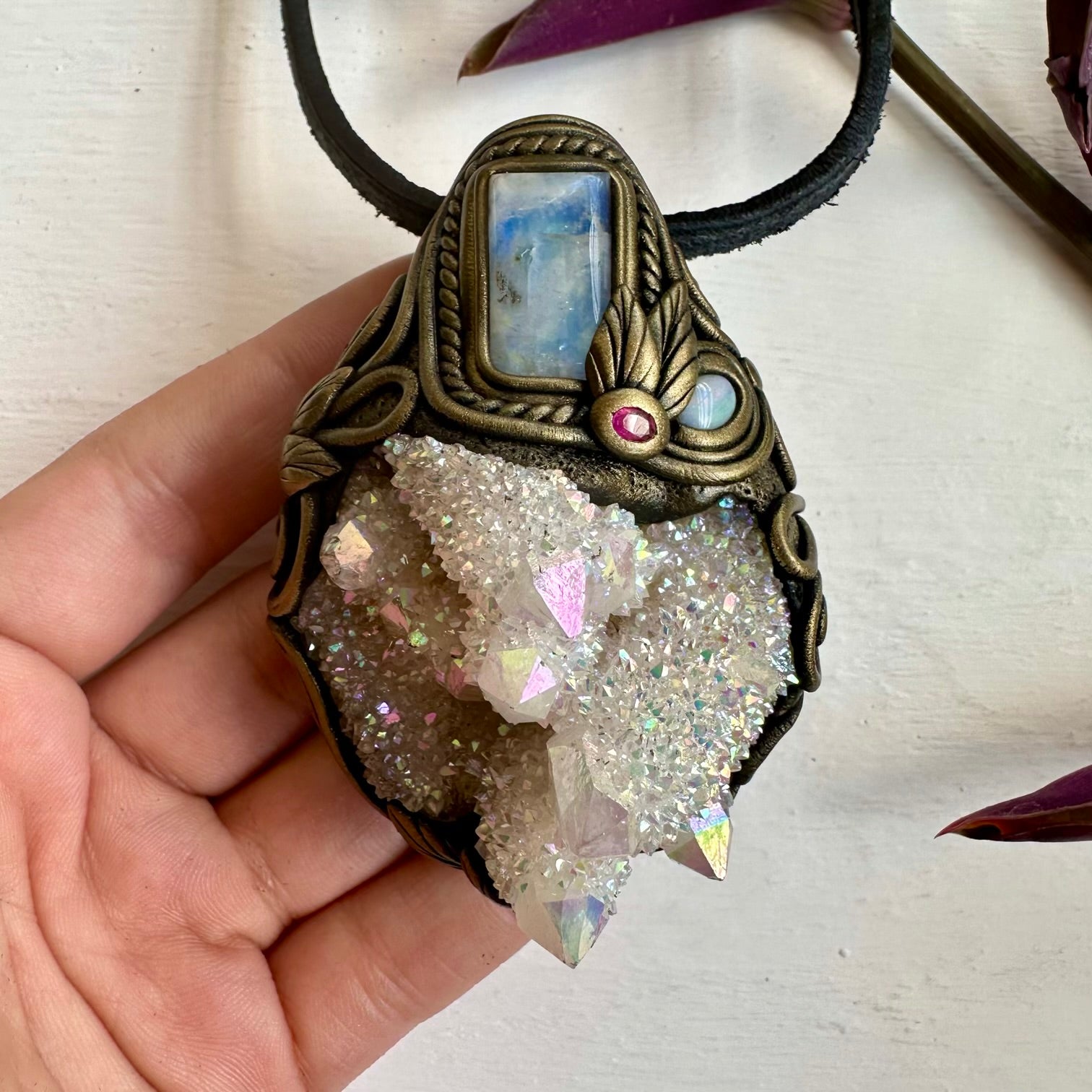 Angel Aura Spirit Quartz Rainbow Moonstone Australian Opal and Ruby Wand / Necklace - FairyGardenGlow