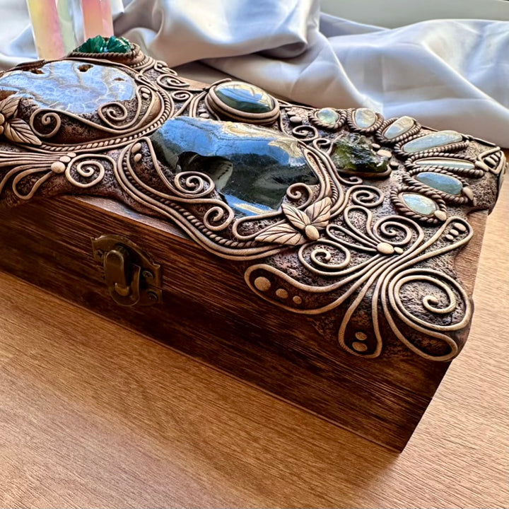 Wooden Box decorated with Crystals, Unique Handmade Tarot Box, Jewelry Box - Home Decor / Ammonite, Black Obsidian, Labradorite, Dioptase, Moldavite and Aquamarine - FairyGardenGlow