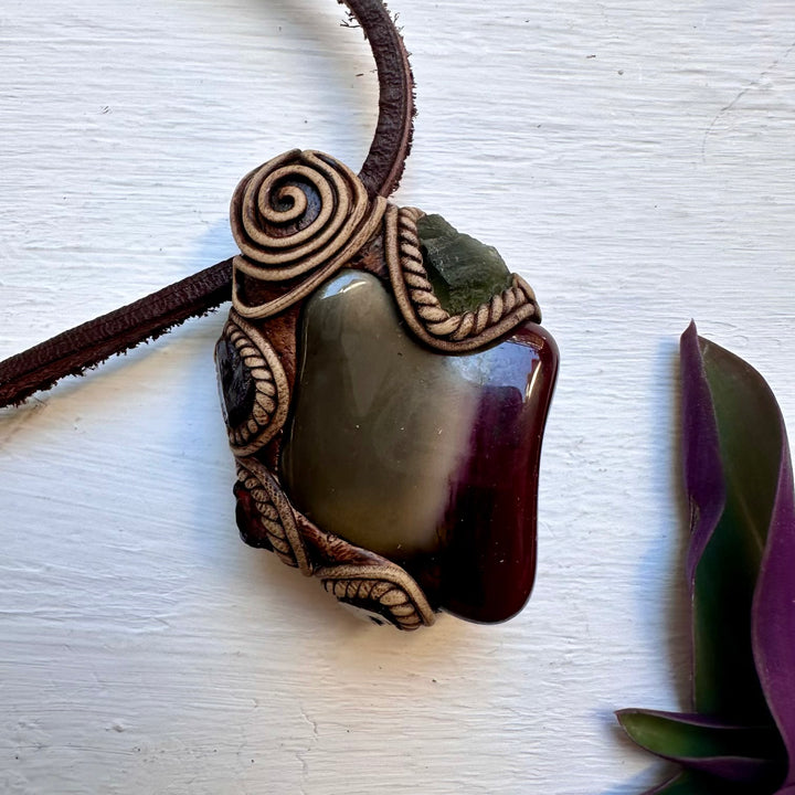 Mookaite Jasper Moldavite and Red Garnet Necklace - FairyGardenGlow