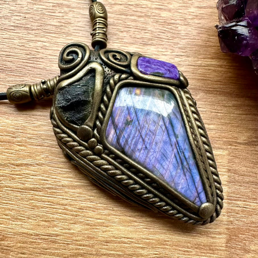 Purple Labradorite Moldavite and Charoite Necklace - FairyGardenGlow