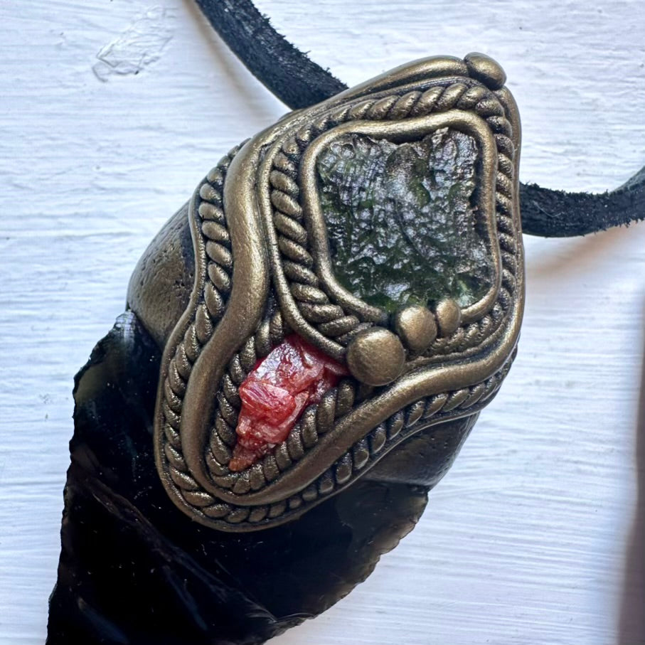 Black Obsidian Arrowhead Moldavite and Vanadinite Pendant Necklace, Healing Crystal Jewelry - FairyGardenGlow