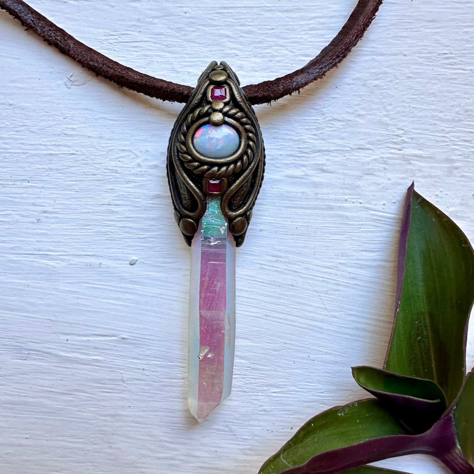 Angel Aura Quartz Australian Opal and Ruby Necklace, Handmade Crystal Pendant