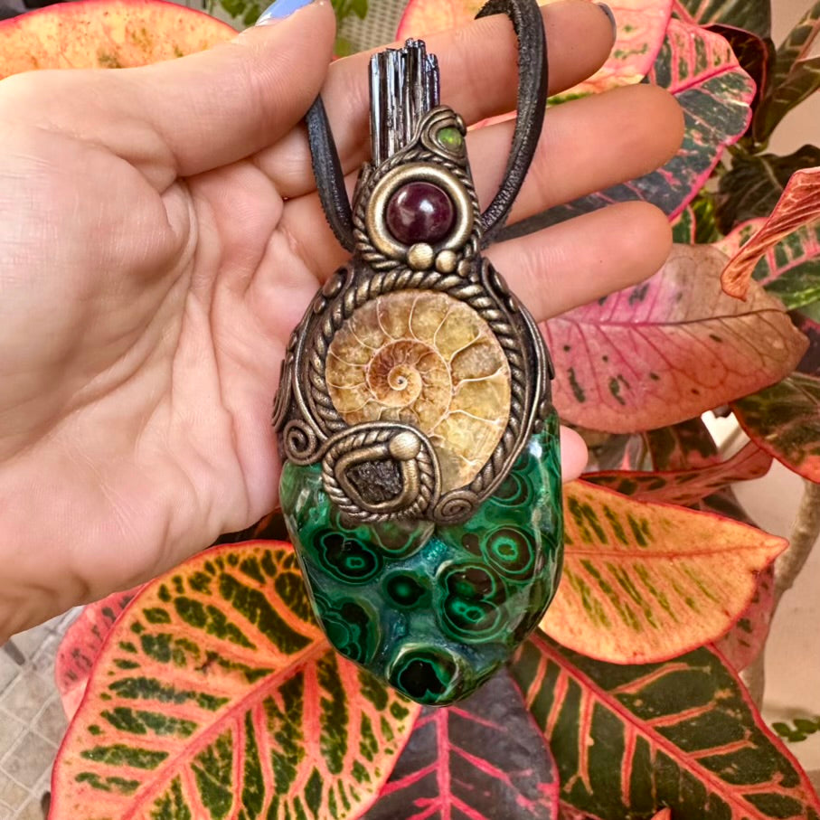 Malachite Ammonite Moldavite Black Tourmaline Ruby and Opal Wand / Healing Crystal Talisman - FairyGardenGlow