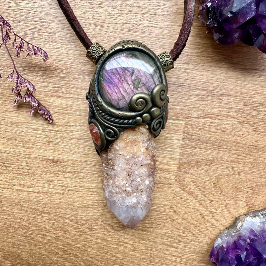 Spirit Quartz Purple Labradorite Sunstone and Rhodochrosite Healing Crystal Talisman / Handmade Crystal Wand-Pendant - FairyGardenGlow