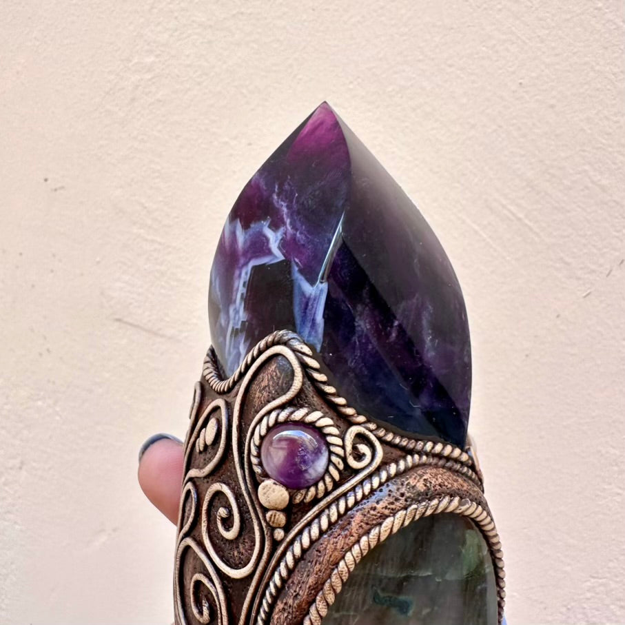 Crystal Wand - Large Lemurian Seed Quartz, Purple Fluorite Flame, Purple Labradorite, Morganite and Amethyst Wand - FairyGardenGlow