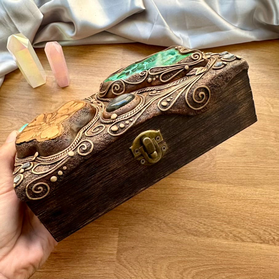 Wooden Box Decorated with Crystals, Handmade Crystal Box, Unique Home Decor with Crysocolla Malachite, Ayahuasca Slice, Labradorite, Atacama Opal, Blue Sapphire and Moldavite - FairyGardenGlow