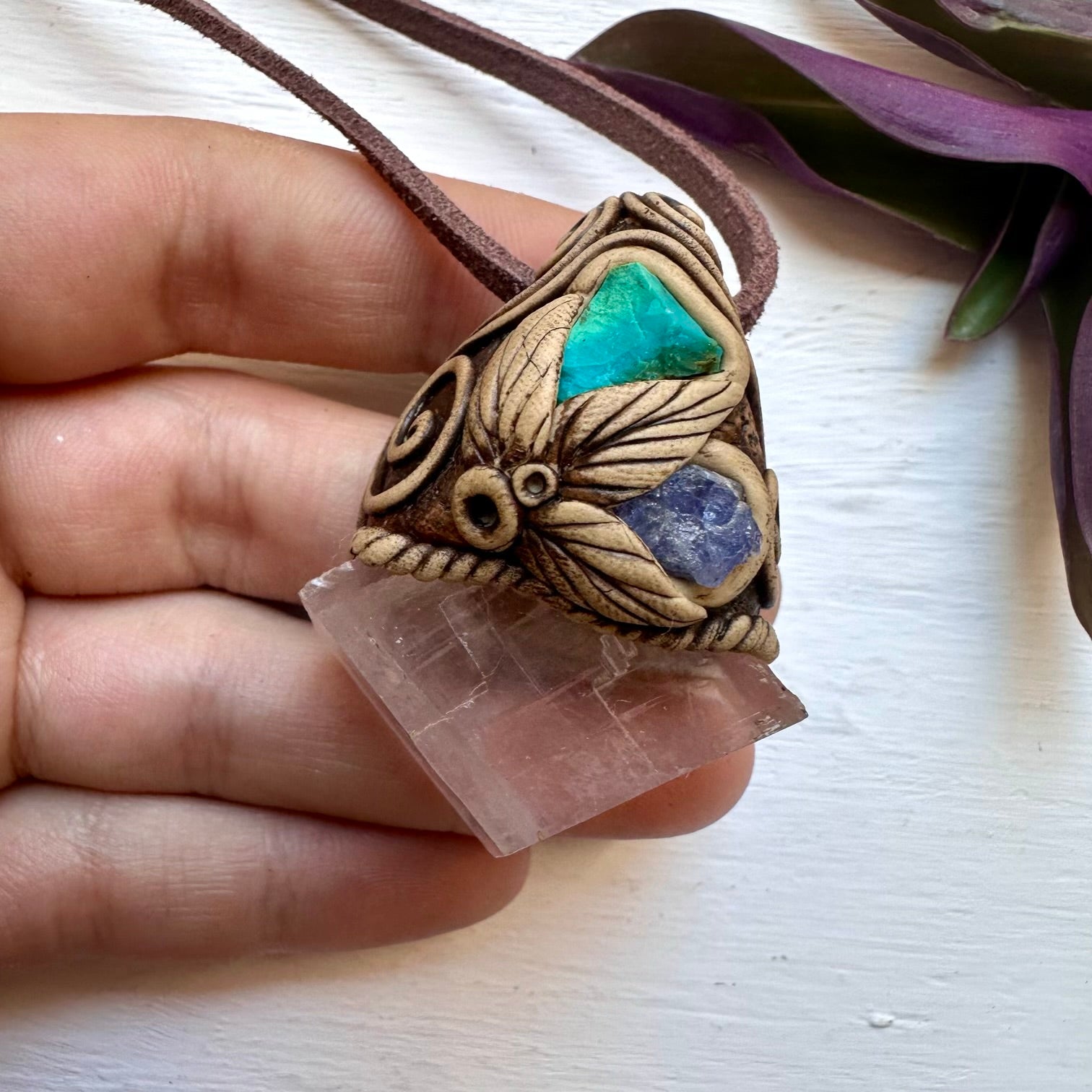 Clear Calcite Chrysocolla and Tanzanite Necklace - FairyGardenGlow