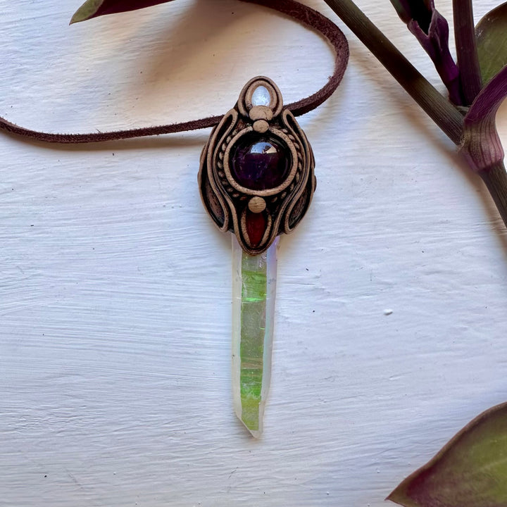 Angel Aura Quartz Amethyst Pink Tourmaline and Australian Opal Necklace - FairyGardenGlow