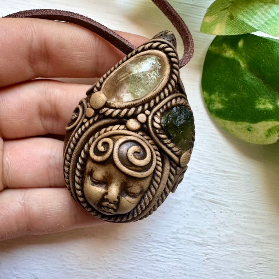 Chlorite Quartz and Moldavite Goddess Necklace - FairyGardenGlow