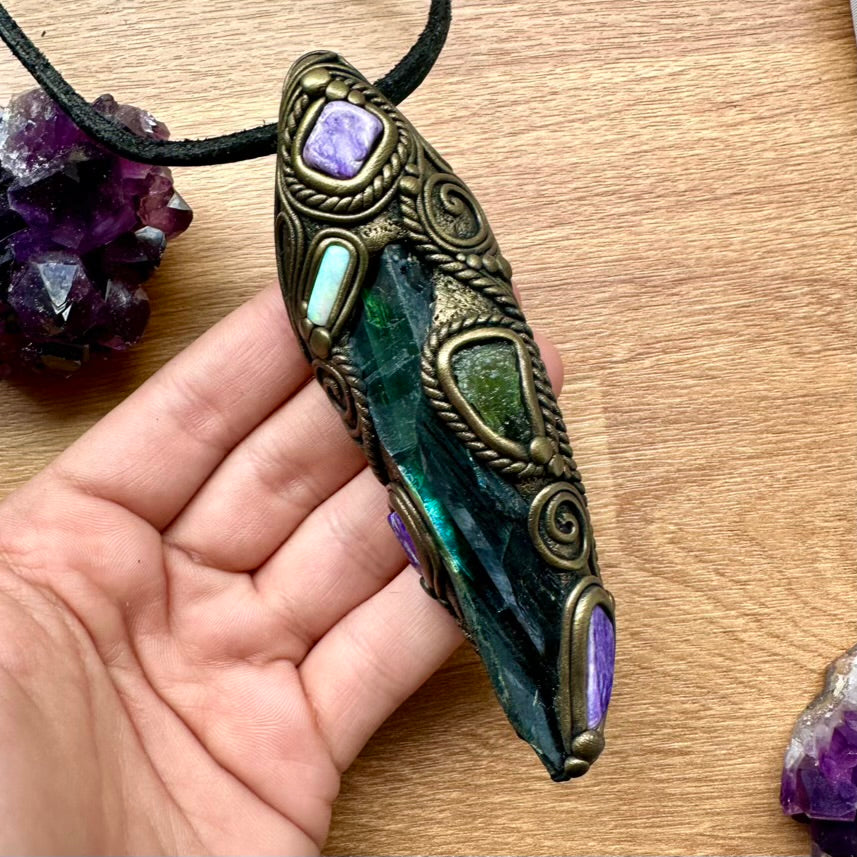 Gorgeous Vivianite with Moldavite, Charoite, Solid Australian Opal, and Lapis Lazuli Healing Crystal Wand-Pendant, Handmade Healing Crystal Talisman - FairyGardenGlow