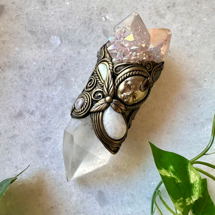 Clear Quartz Angel Aura Spirit Quartz Moonstone Australian Opal Amethyst Tanzanite and Garnet Goddess Necklace - FairyGardenGlow