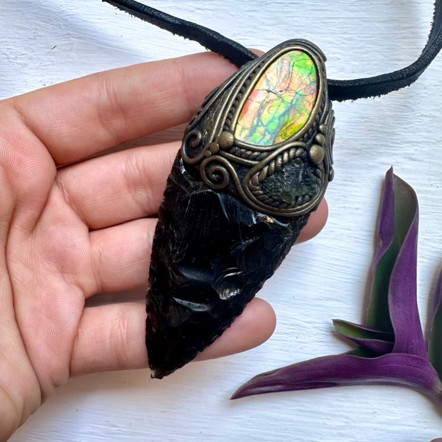 Black Obsidian Arrowhead Ammolite and Moldavite Wand/Necklace - FairyGardenGlow