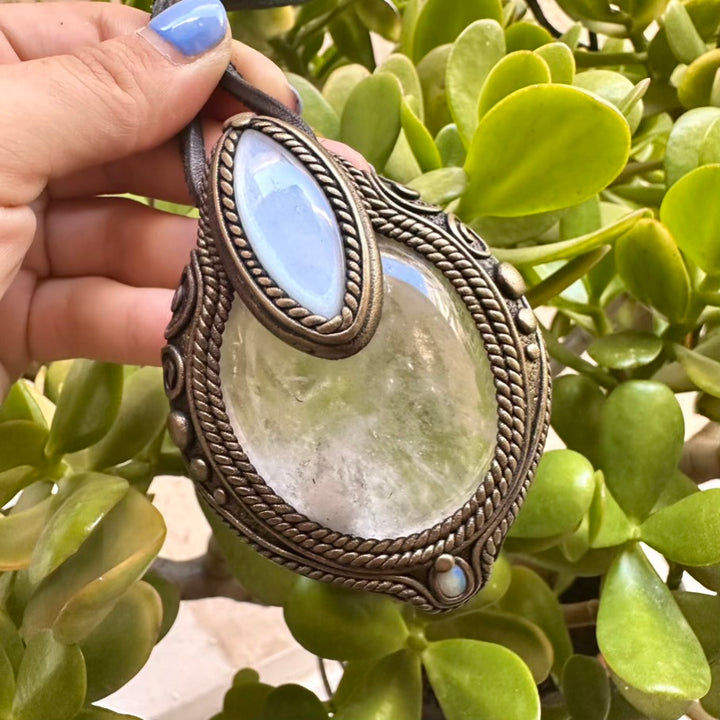 Clear Quartz White Moonstone and Australian Opal Pendant, Healing Crystal Talisman - FairyGardenGlow