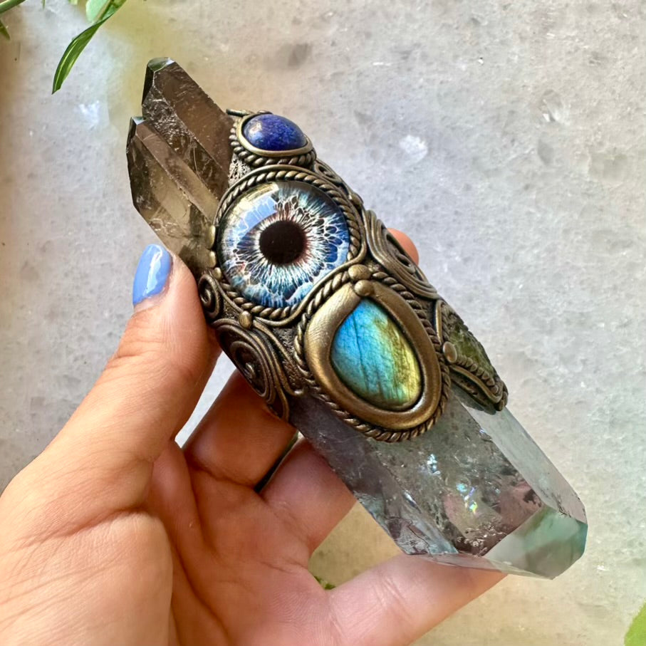 Aqua Aura Quartz Smoky Quartz Lapis Lazuli Labradorite Moldavite Third Eye Healing Crystal Wand - FairyGardenGlow