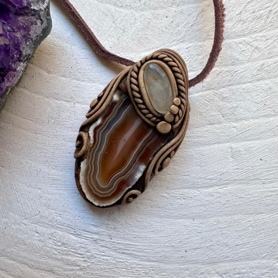 Agate and Aquamarine Pendant Necklace - FairyGardenGlow