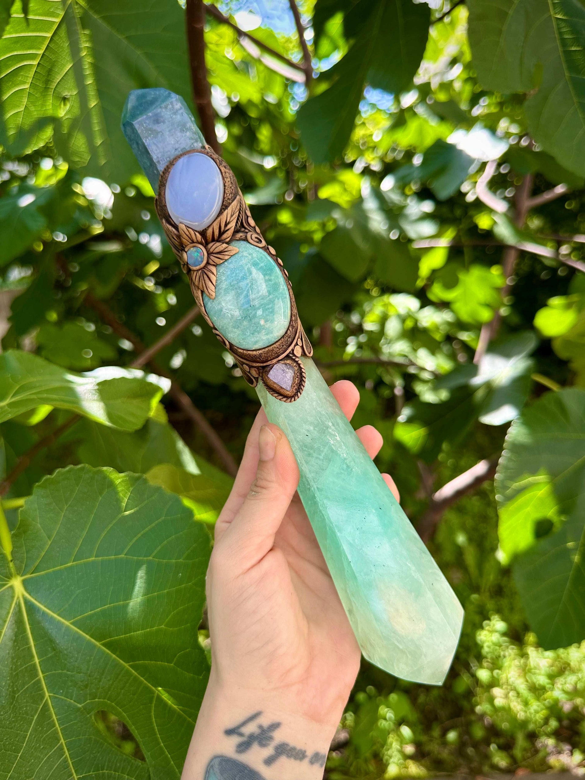 Crystal Wand - Green Fluorite, Aqua Aura Quartz, Amazonite, Blue Chalcedony, Tanzanite and Australian Opal Doublet - FairyGardenGlow