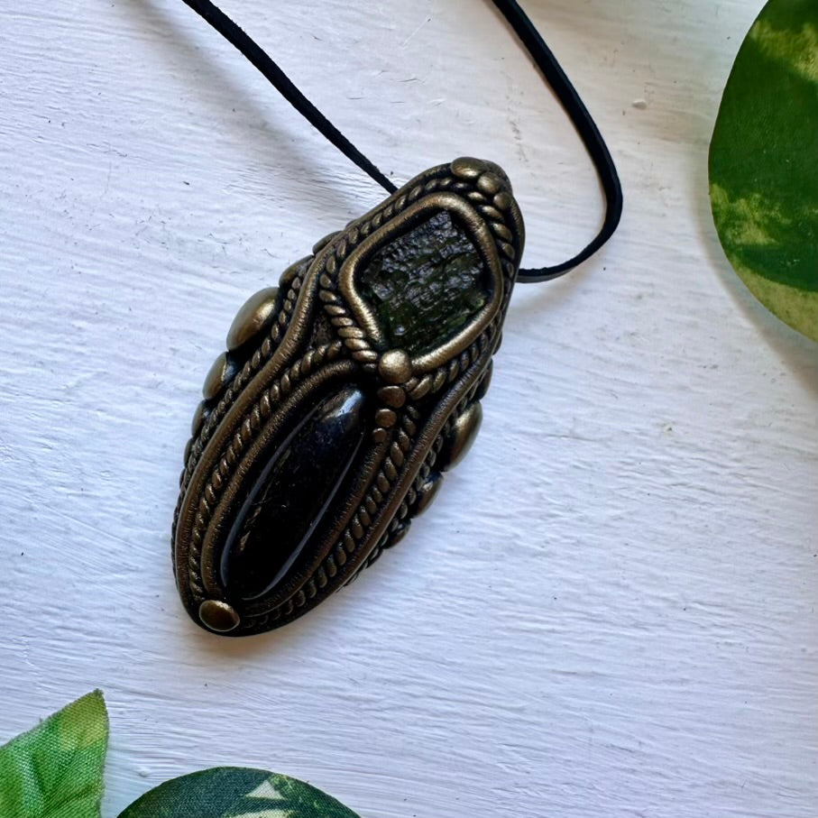 Black Tourmaline and Moldavite Necklace - FairyGardenGlow