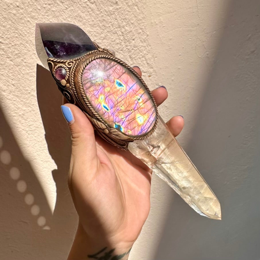 Crystal Wand - Large Lemurian Seed Quartz, Purple Fluorite Flame, Purple Labradorite, Morganite and Amethyst Wand - FairyGardenGlow