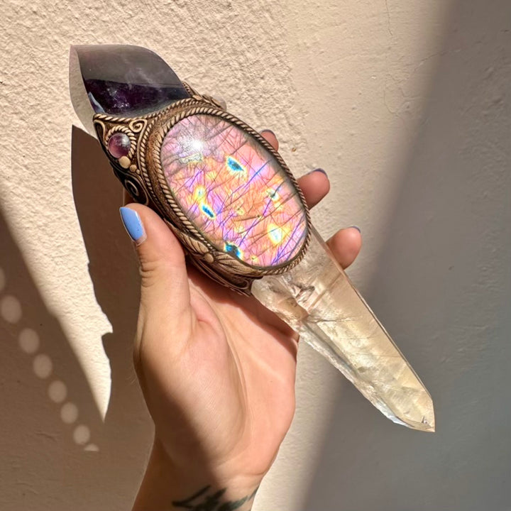 Crystal Wand - Large Lemurian Seed Quartz, Purple Fluorite Flame, Purple Labradorite, Morganite and Amethyst Wand - FairyGardenGlow