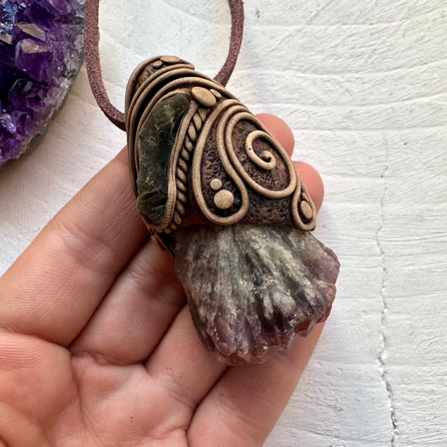 Super Seven Quartz and Moldavite Pendant Necklace, Handmade Crystal Jewelry - FairyGardenGlow