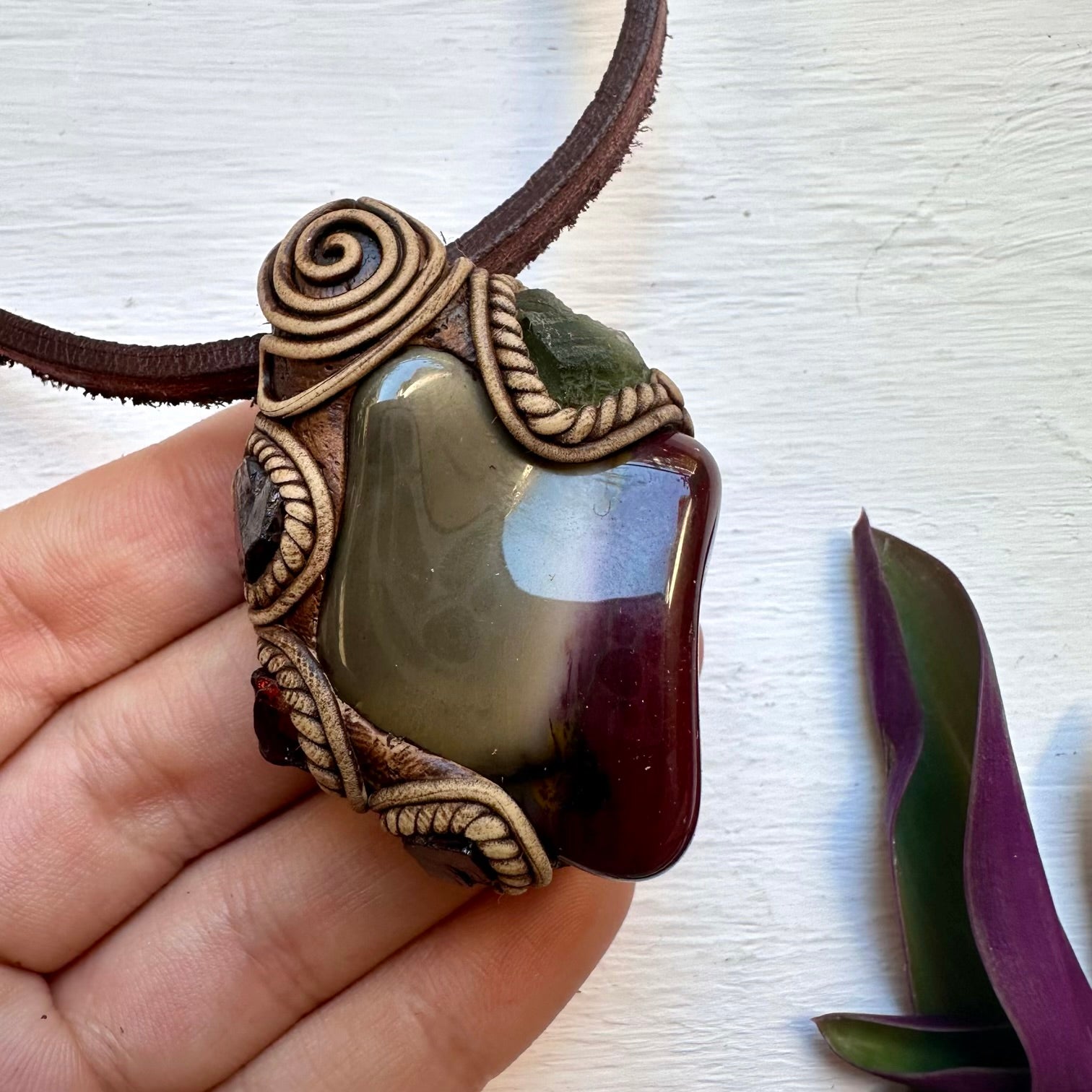 Mookaite Jasper Moldavite and Red Garnet Necklace - FairyGardenGlow