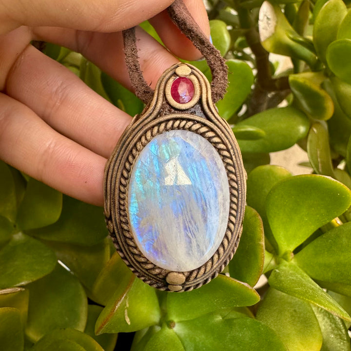 Rainbow Moonstone and Ruby Necklace - FairyGardenGlow