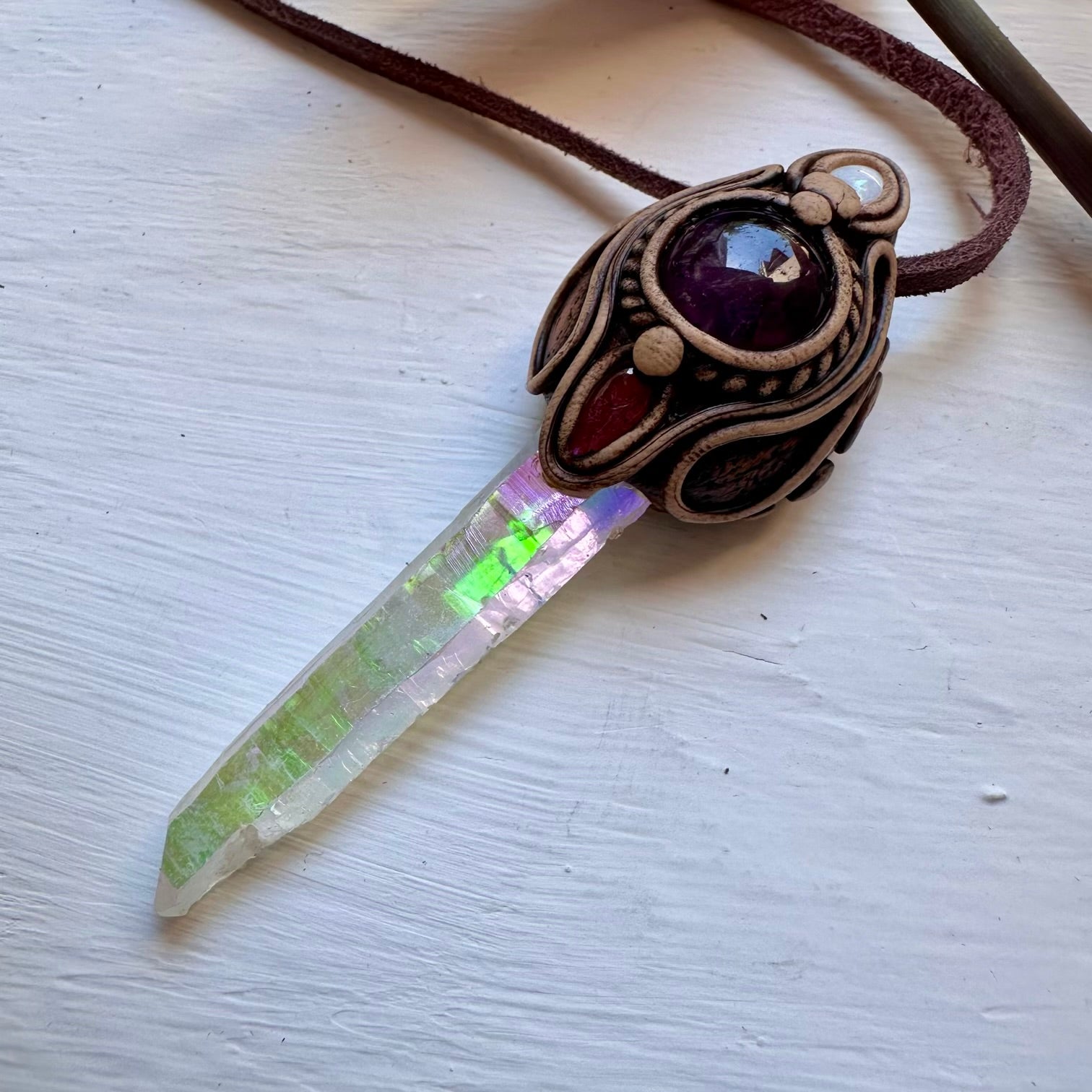 Angel Aura Quartz Amethyst Pink Tourmaline and Australian Opal Necklace - FairyGardenGlow