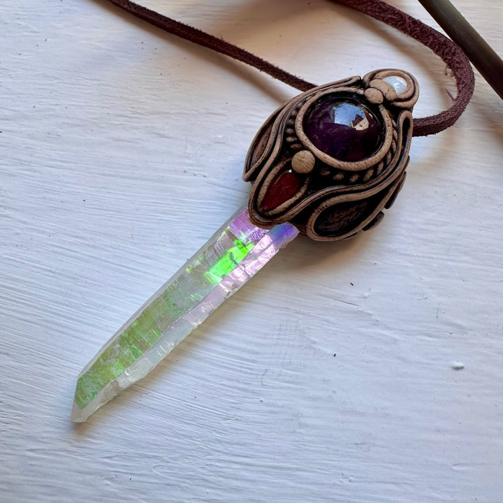 Angel Aura Quartz Amethyst Pink Tourmaline and Australian Opal Necklace - FairyGardenGlow