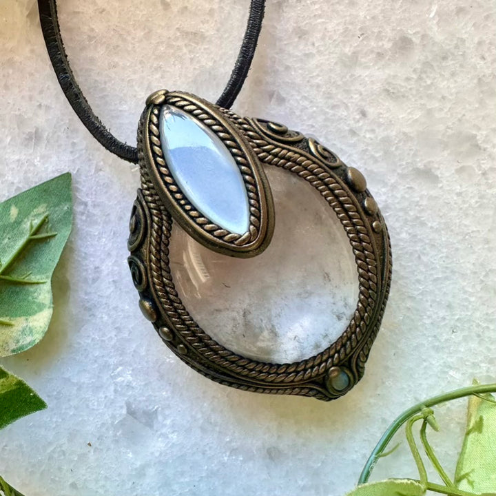 Clear Quartz White Moonstone and Australian Opal Pendant, Healing Crystal Talisman - FairyGardenGlow