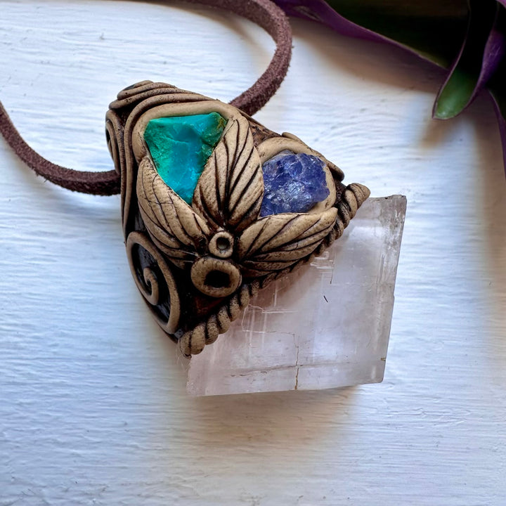 Clear Calcite Chrysocolla and Tanzanite Necklace - FairyGardenGlow