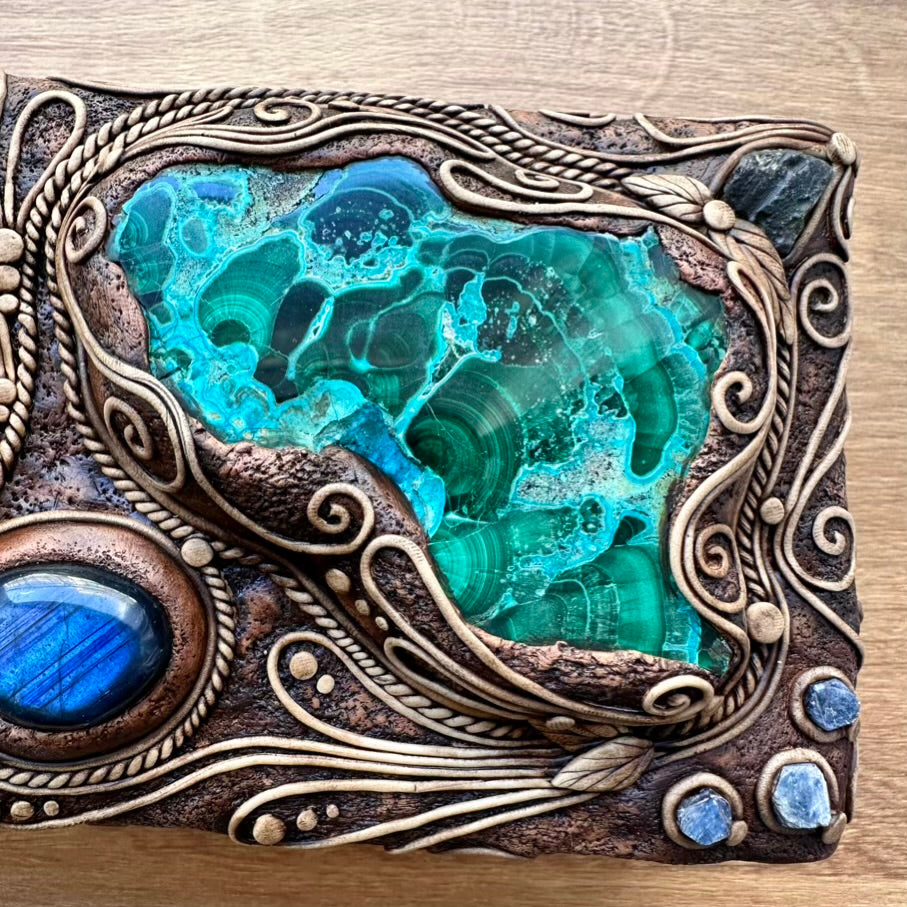 Wooden Box Decorated with Crystals, Handmade Crystal Box, Unique Home Decor with Crysocolla Malachite, Ayahuasca Slice, Labradorite, Atacama Opal, Blue Sapphire and Moldavite - FairyGardenGlow