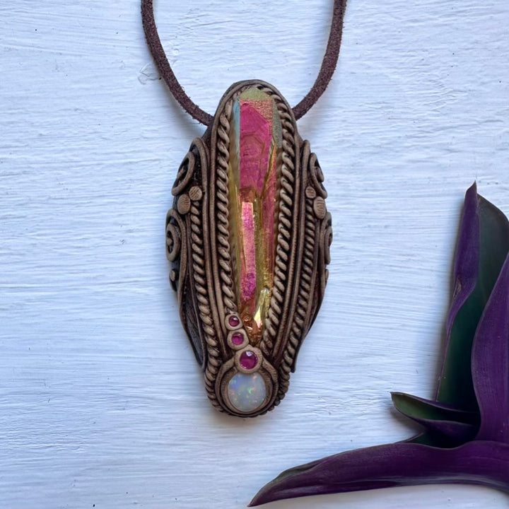 Sunset Aura Quartz Australian Opal and Ruby Necklace - FairyGardenGlow