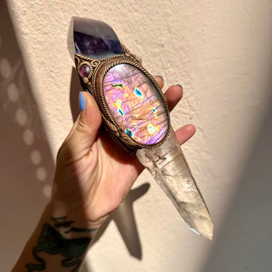 Crystal Wand - Large Lemurian Seed Quartz, Purple Fluorite Flame, Purple Labradorite, Morganite and Amethyst Wand - FairyGardenGlow