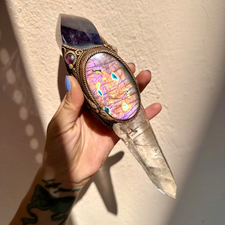 Crystal Wand - Large Lemurian Seed Quartz, Purple Fluorite Flame, Purple Labradorite, Morganite and Amethyst Wand - FairyGardenGlow