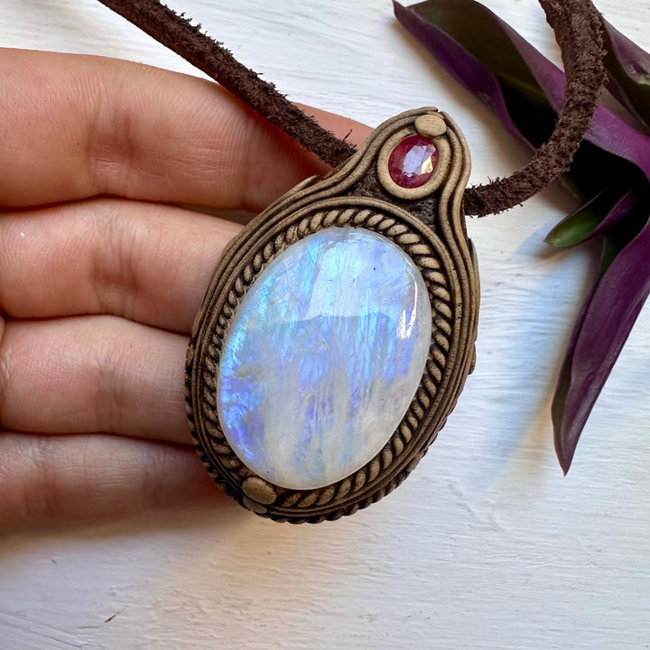 Rainbow Moonstone and Ruby Necklace - FairyGardenGlow