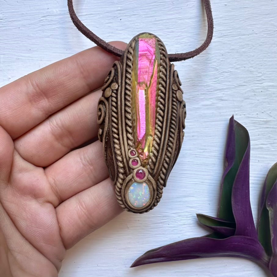 Sunset Aura Quartz Australian Opal and Ruby Necklace - FairyGardenGlow