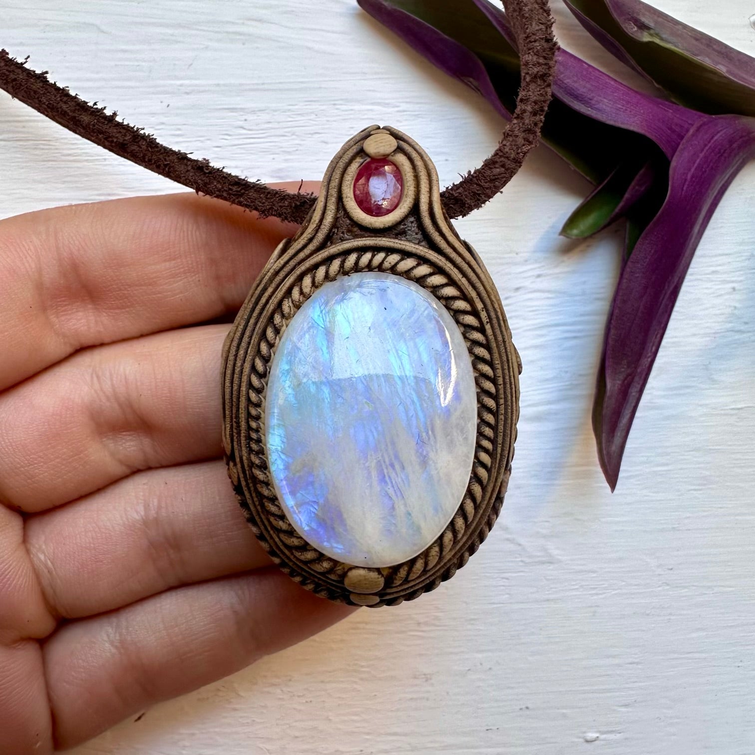 Rainbow Moonstone and Ruby Necklace - FairyGardenGlow