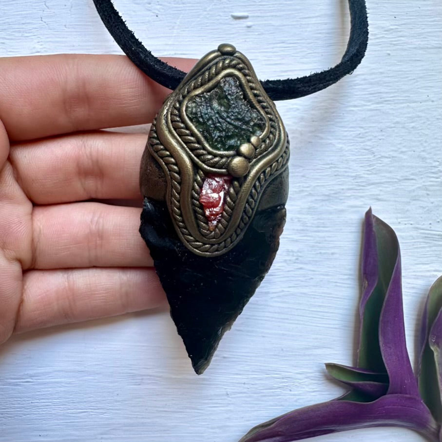 Black Obsidian Arrowhead Moldavite and Vanadinite Pendant Necklace, Healing Crystal Jewelry - FairyGardenGlow
