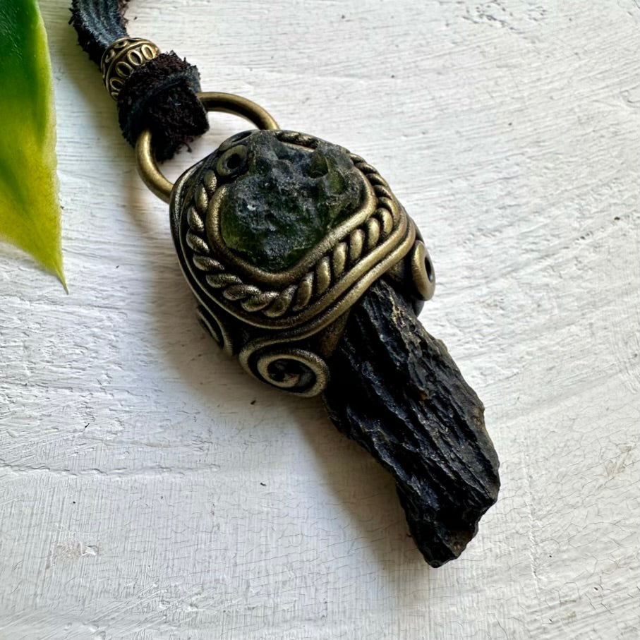 Moldavite and Black Tektite Pendant – Handmade Necklace for Emotional Healing and Transformation