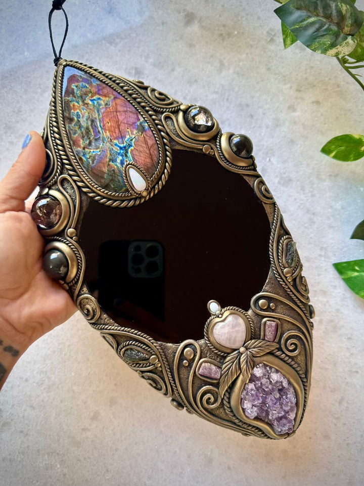 Crystal Wall Hanging - Handmade Unique Crystal Home Decor Art, with Black Obsidian Mirror, Large Purple Labradorite, Rainbow Obsidian, Smoky Quartz, Amethyst Cluster, Rose Quartz Heart, Moldavite, Ruby and Australian Opal - FairyGardenGlow