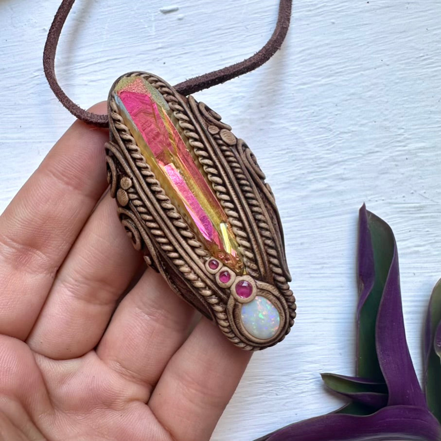 Sunset Aura Quartz Australian Opal and Ruby Necklace - FairyGardenGlow