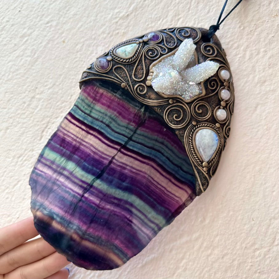 Handmade Wall Hanging, Unique Crystal Home Decor with Rainbow Fluorite Angel, Aura Spirit Quartz, Rainbow Moonstone, Morganite, Australian Opal and Amethyst - FairyGardenGlow