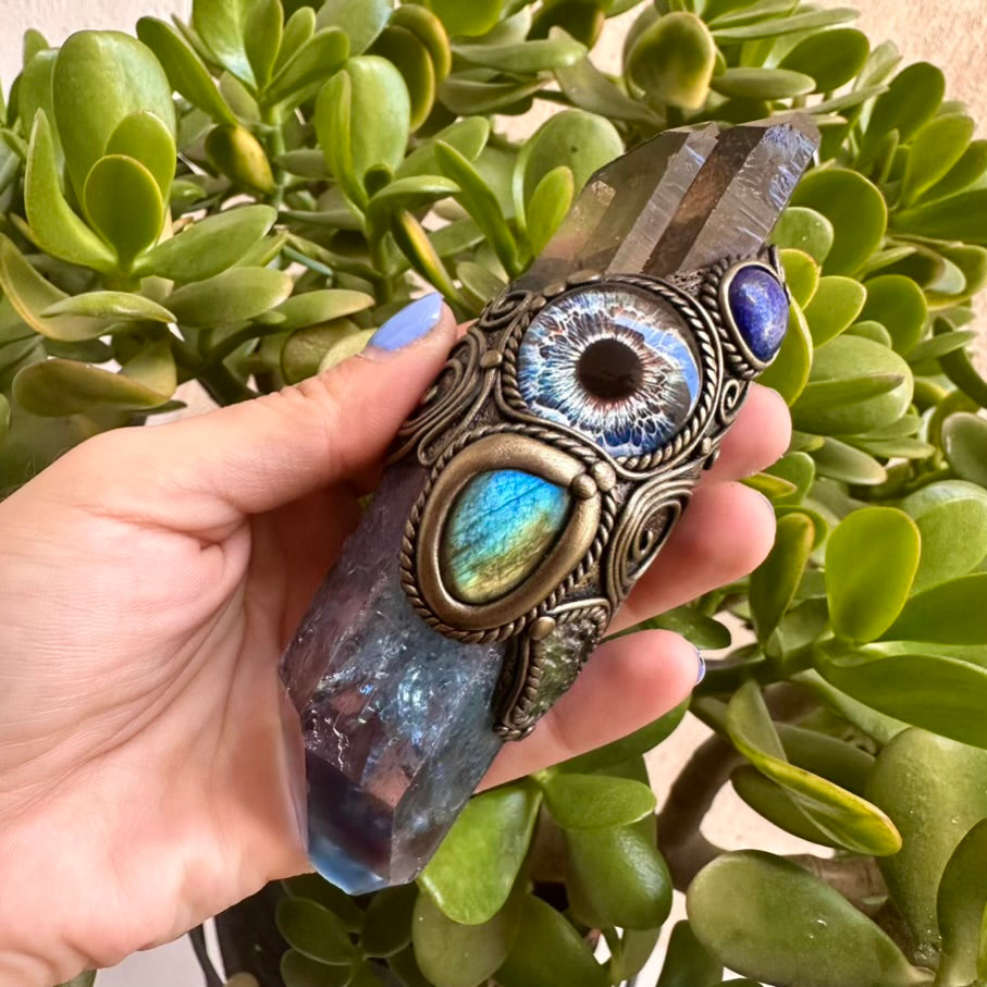 Aqua Aura Quartz Smoky Quartz Lapis Lazuli Labradorite Moldavite Third Eye Healing Crystal Wand - FairyGardenGlow