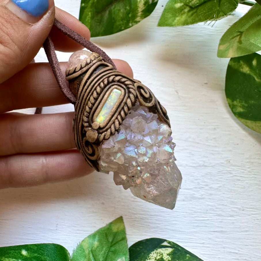 Angel Aura Spirit Quartz Morganite and Australian Opal Pendant Necklace - FairyGardenGlow