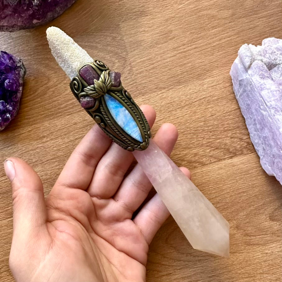 Lavender Fluorite Wand, Rainbow Moonstone, Ruby and Angel Aura Spirit Quartz Crystal Wand - FairyGardenGlow