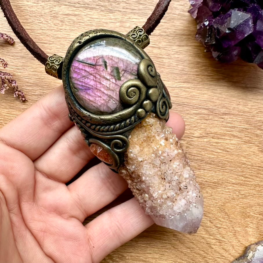 Spirit Quartz Purple Labradorite Sunstone and Rhodochrosite Healing Crystal Talisman / Handmade Crystal Wand-Pendant - FairyGardenGlow